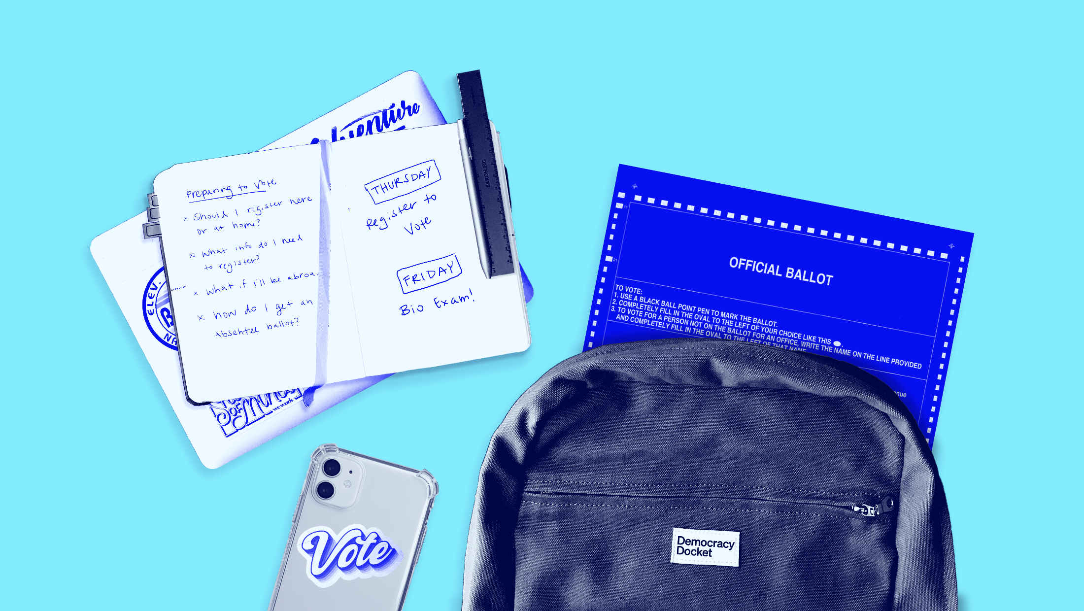 Various voting-themed school supplies including a backpack with a ballot coming out of it, a notebook scribbled with questions about registering to vote, and a cell phone with a sticker that says "VOTE"