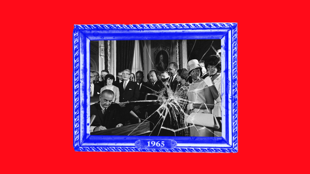 A shattered black-and-white picture frame of President Lydon B. Johnson signing the Voting Rights Act of 1965
