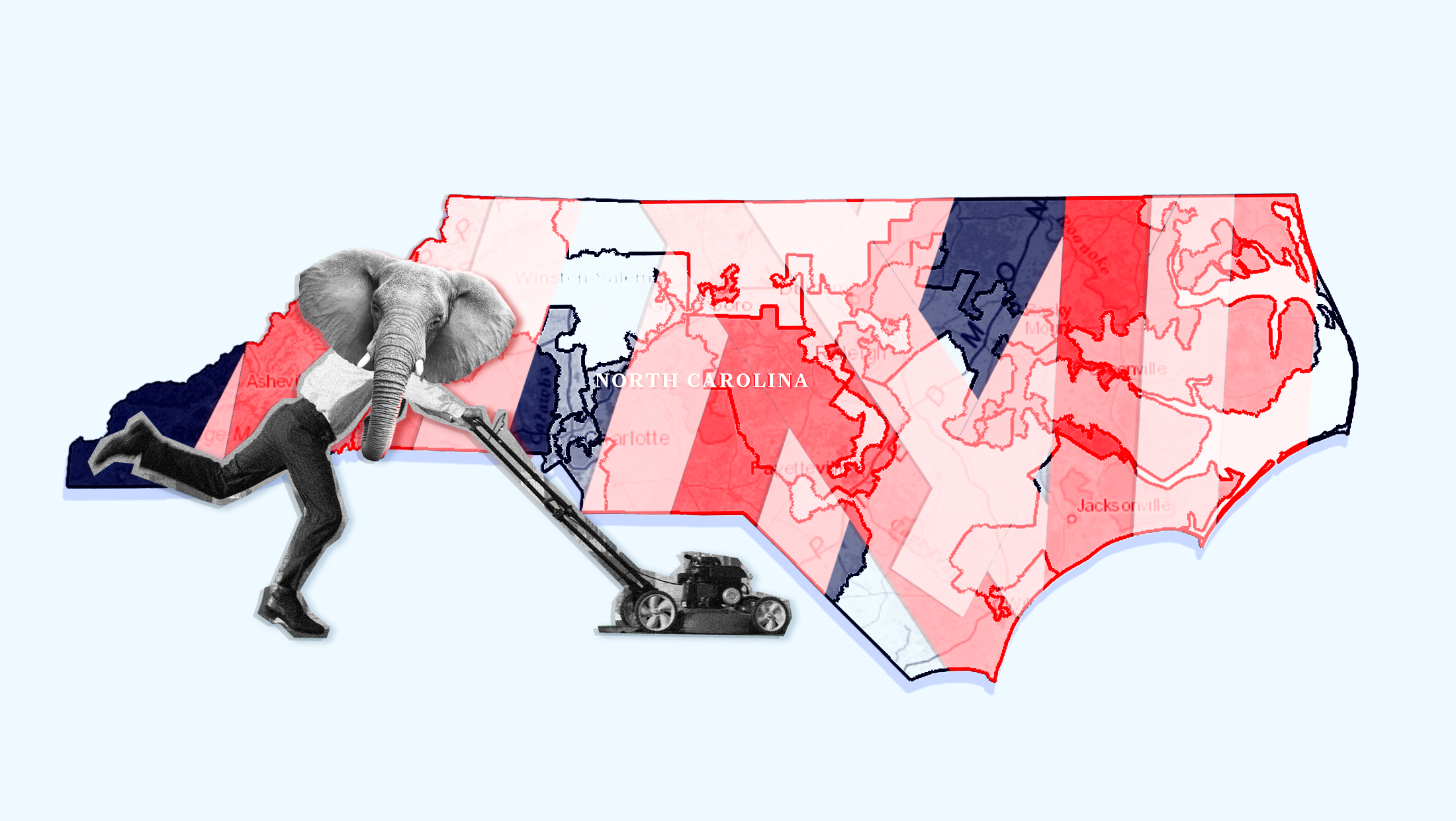 An elephant wearing a suit pushing a lawn mower into a gerrymandered state of North Carolina