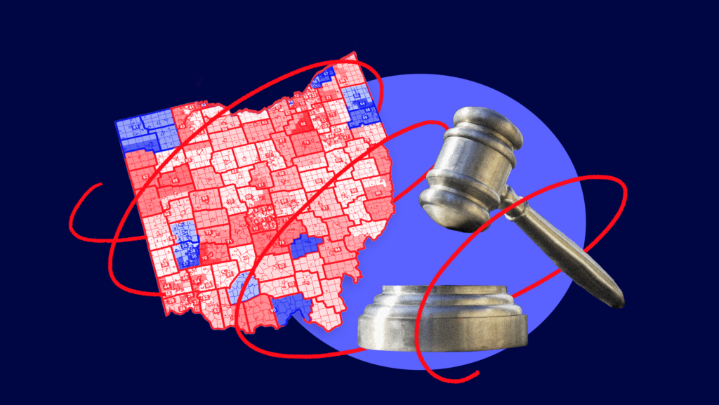 A gerrymandered map of Ohio accompanied by a large, silver gavel sculpture that sits outside the Ohio Supreme Court