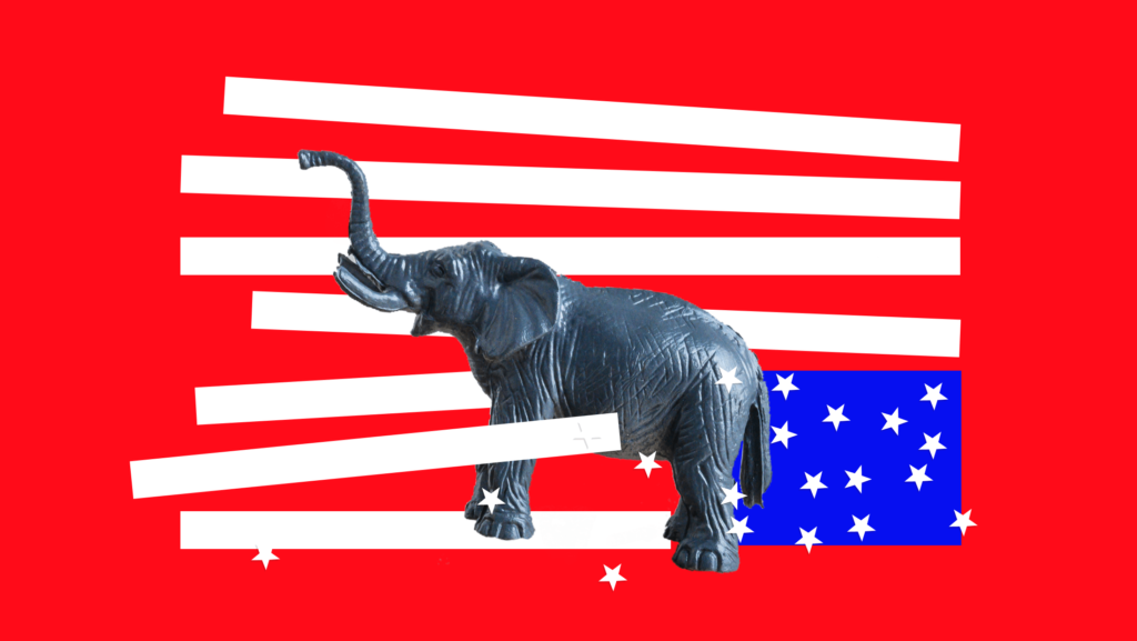 An angry-looking elephant tangled in the stripes of an upside-down American flag