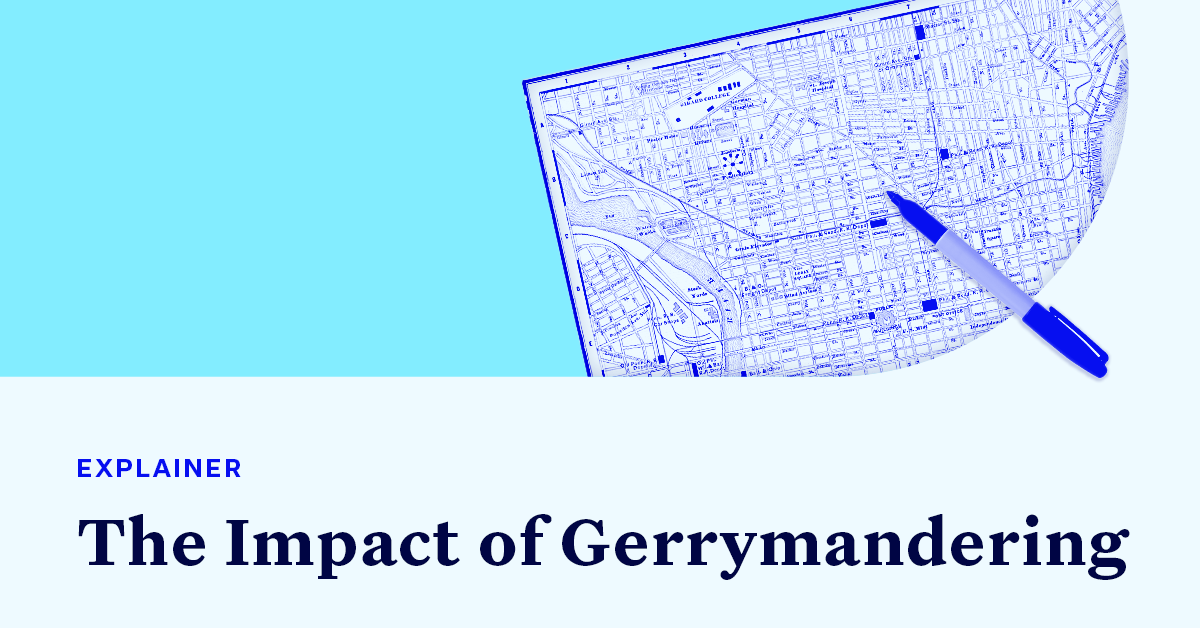 A picture of a map that has a pen on top of it accompanied by small text that says "EXPLAINER" and large text that says “The Impact of Gerrymandering"