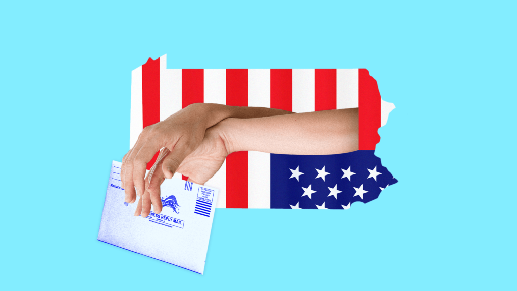 A Pennsylvania-shaped, upside-down American flag that features hands reaching through its stripes, as if they were jail bars, holding a mail ballot