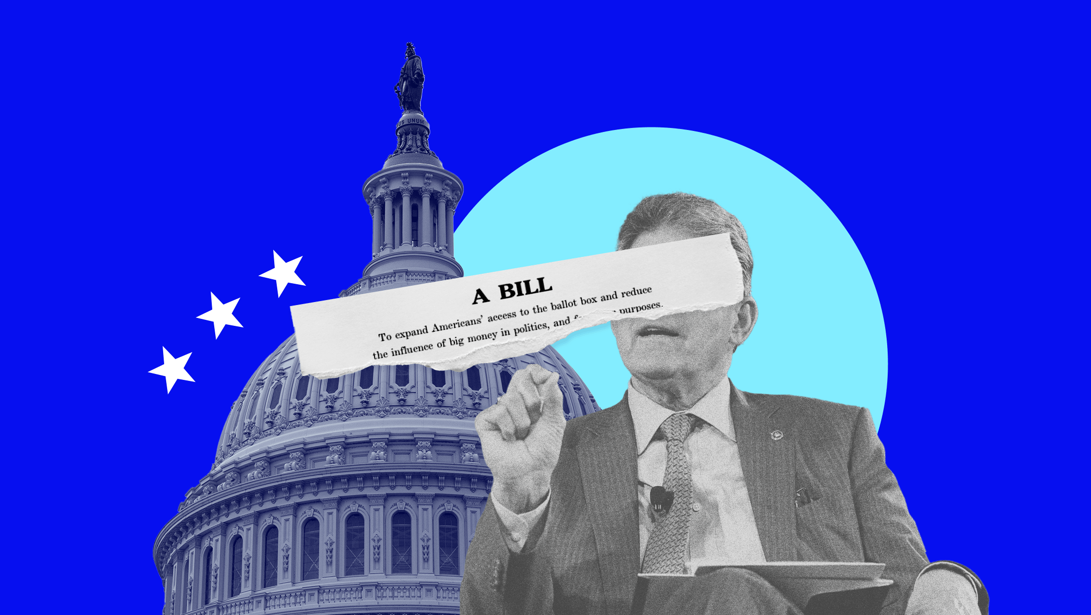 A collage featuring Senator Joe Machin, the U.S. Capitol and a snippet of text from the Freedom to Vote Act that reads, "A BILL TO EXPAND AMERICANS' ACCESS TO THE BALLOT BOX AND REDUCE THE INFLUENCE OF BIG MONEY IN POLITICS AND FOR OTHER PURPOSES"