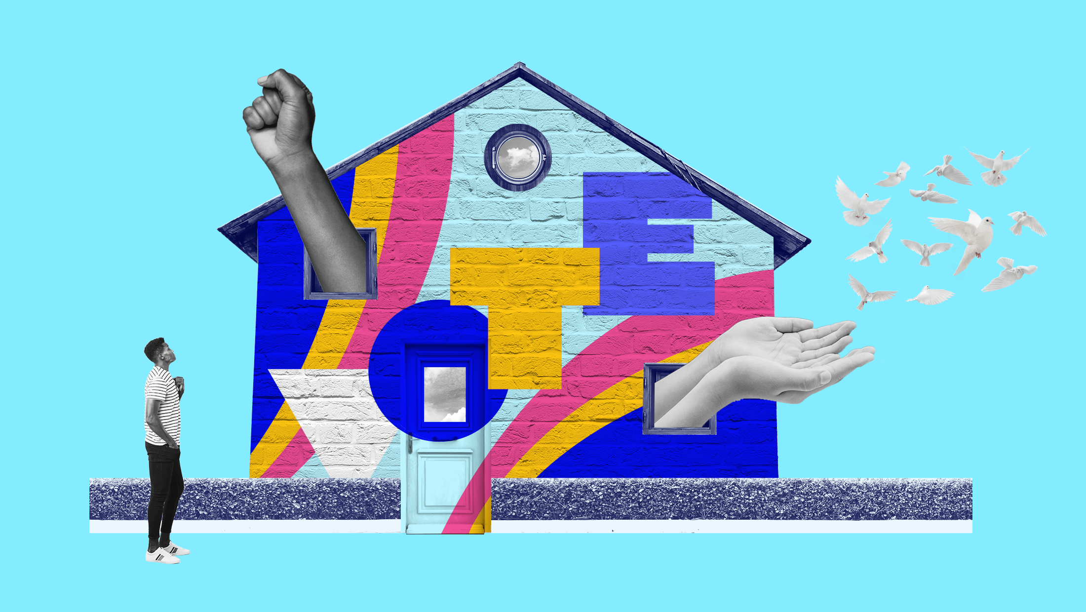 A man looking up toward a house that features a "VOTE" mural and two sets of hands coming through each of its windows, one is the fist of an activist and the other is a pair of hands releasing white doves into the open sky