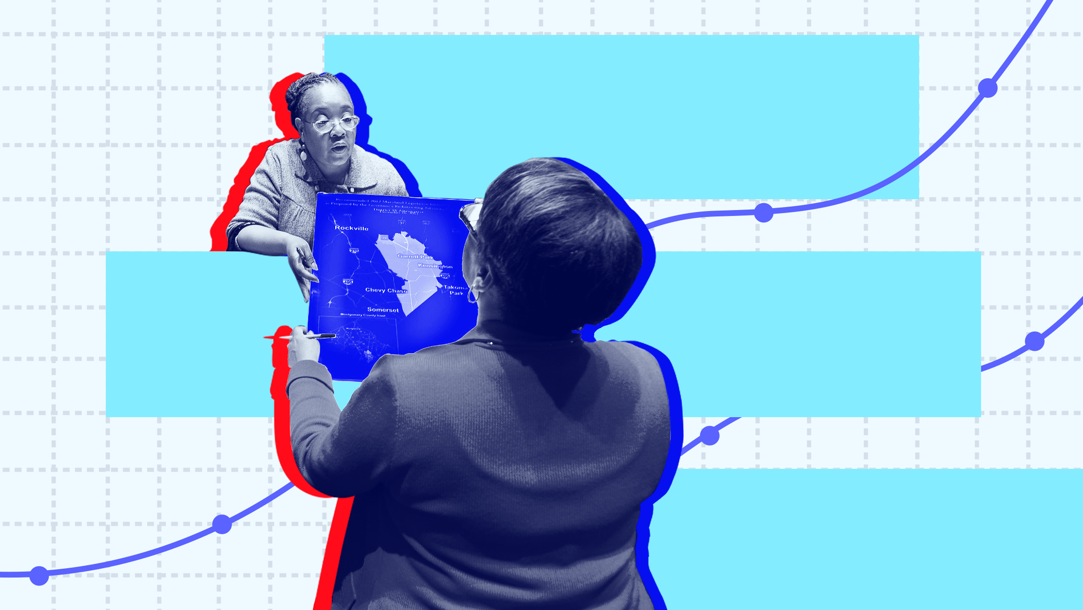 Two women going back and forth discussing a proposed redistricting map, mounted on a piece of graph paper with various data points