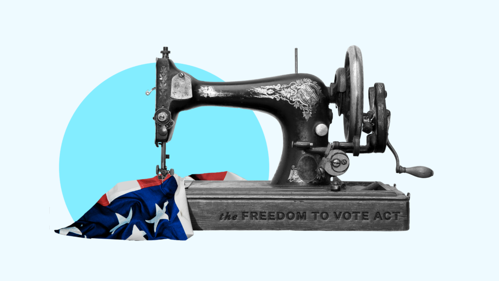 A sewing machine that has the words "FREEDOM TO VOTE ACT" etched into its base, mending an American flag