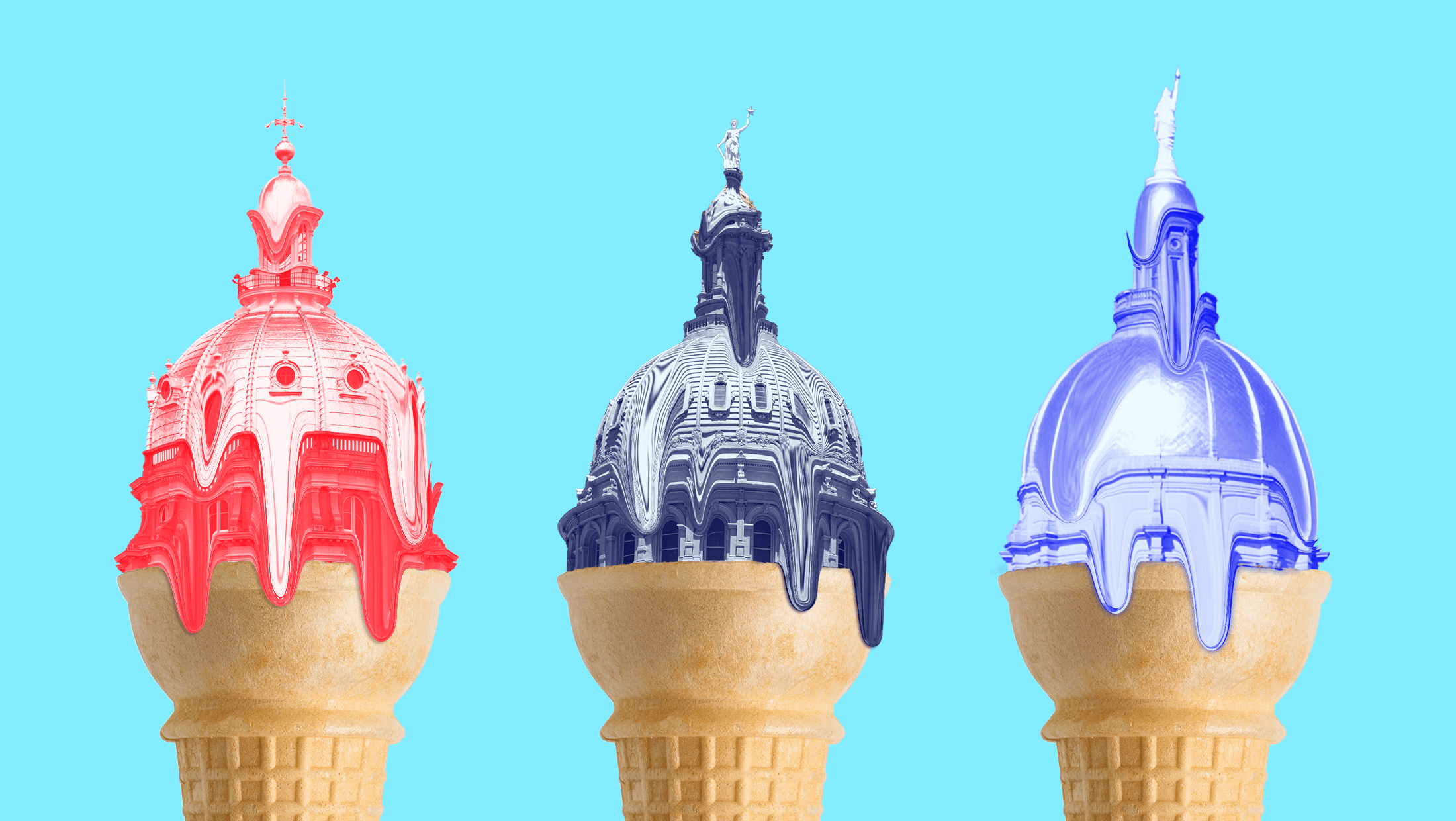 Melting ice cream cones that feature the tops of the Iowa, Texas, and Georgia state capitol buildings