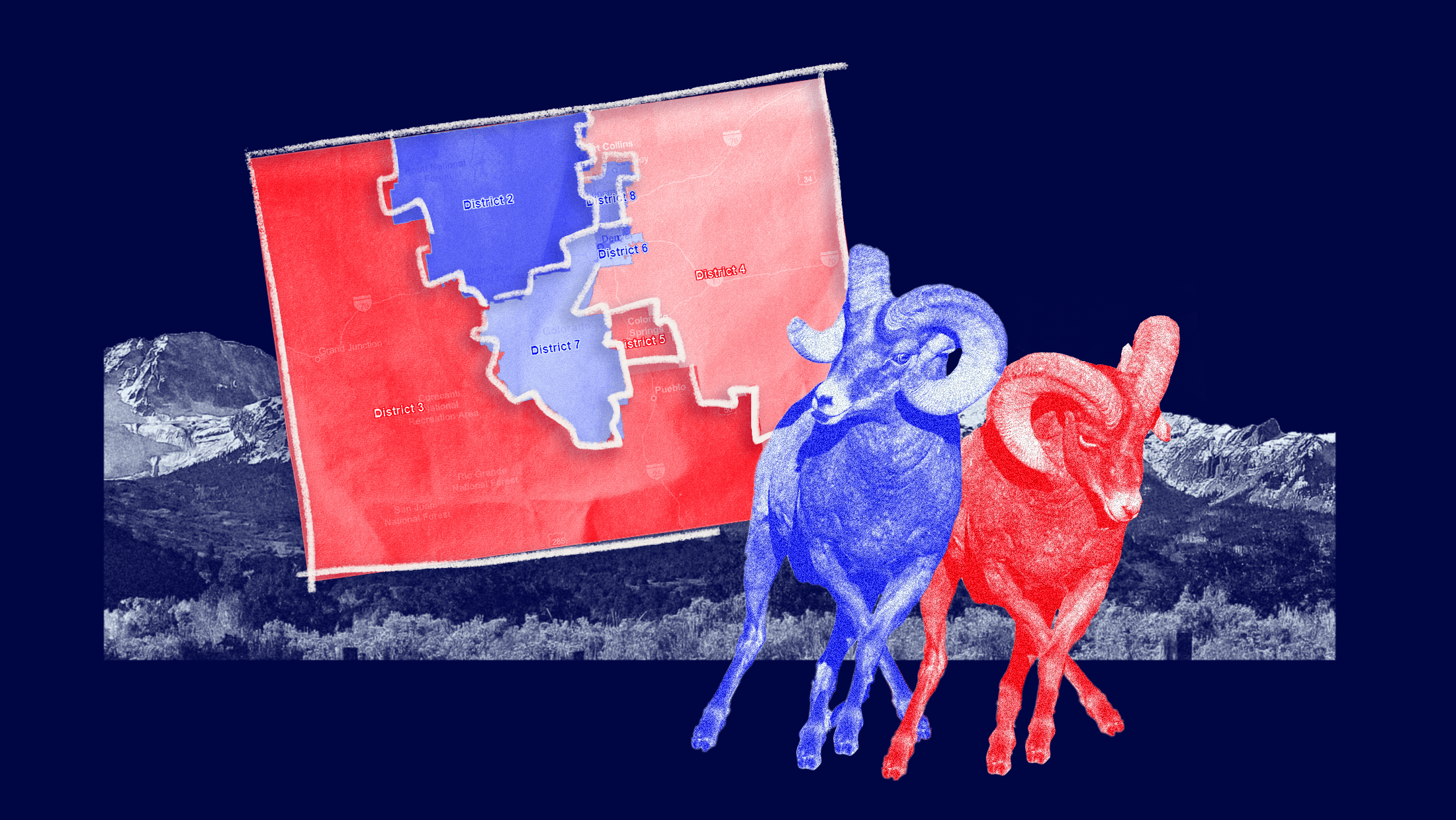 A redistricting map of Colorado next to two dueling Rocky Mountain Bighorn Sheep, one red and one blue, with the Rocky Mountains appearing in the background