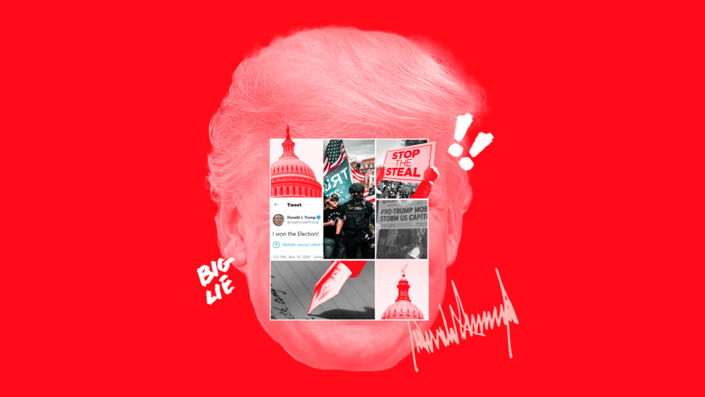 A collage mounted on top of former President Donald Trump's face featuring the U.S. Capitol, a "STOP THE STEAL" sign, a pen signing a bill into law, a Tweet that says "I WON THE ELECTION!", and scenes from the January 6th insurrection. accompanied by accent marks that include exclamation points, Trump's signature and text that says "BIG LIE"