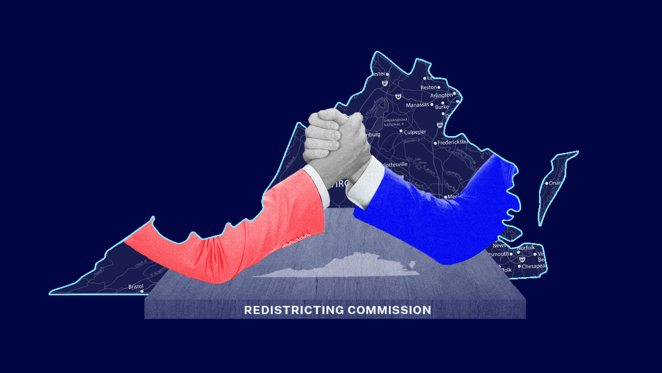 A Democratic and Republican redistricting commissioner arm wrestling on a wooden table that says "REDISTRICTING COMISSION" with a map of Virginia in the background