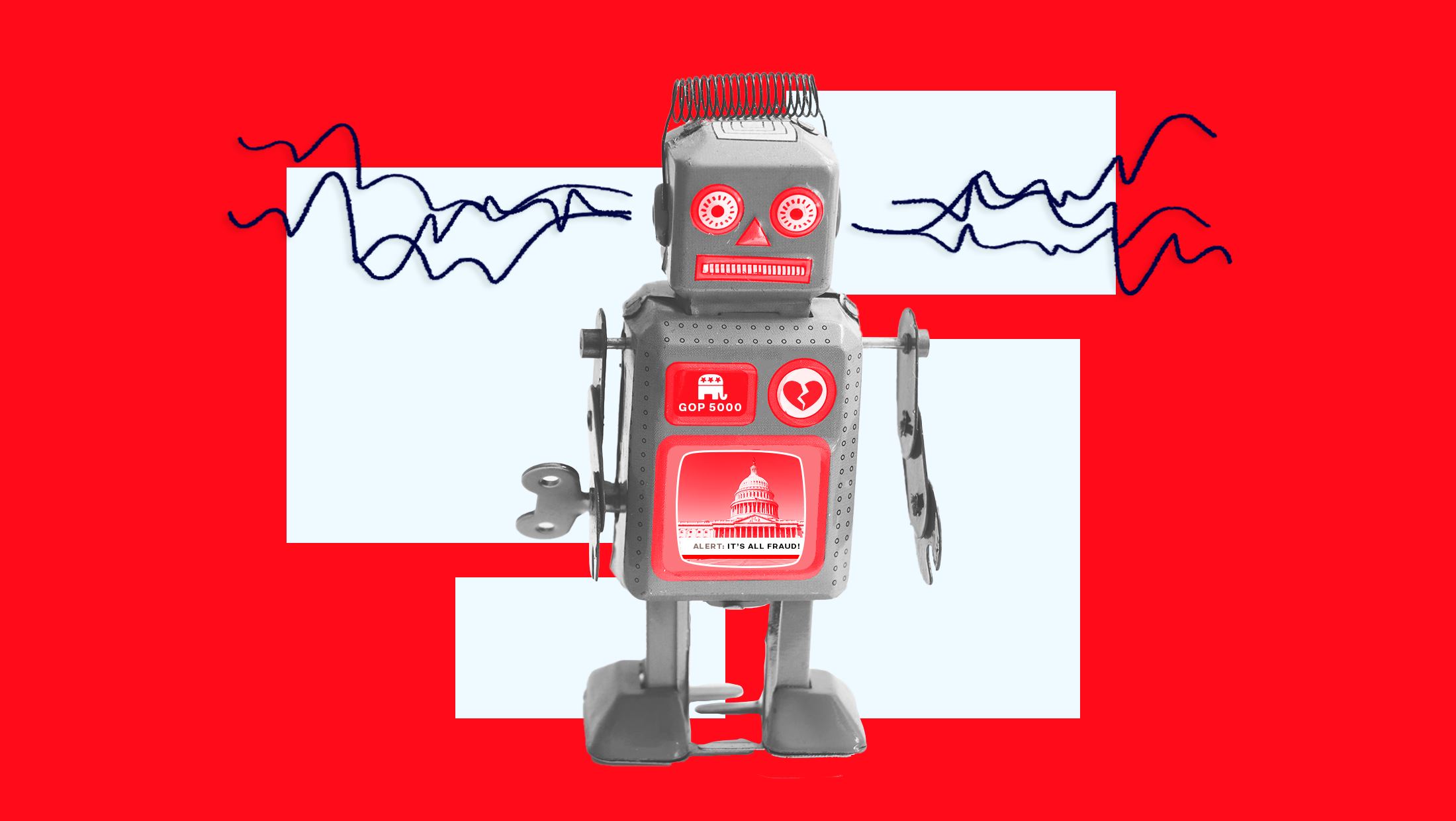 A red-tinted metal robot made up of various components including a broken heart, a badge with the GOP logo that reads "GOP 5000", and a TV featuring the U.S. Capitol with a breaking news banner that says "ALERT: IT'S ALL FRAUD"