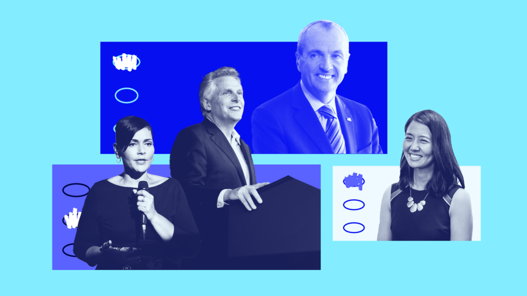 A collage featuring various Democratic 2021 candidates including gubernatorial nominees Terry McAuliffe (VA) and Phil Murphy (NJ), candidate for Virginia Lieutenant Governor Hala Ayala, and Boston mayoral candidate Michelle Wu