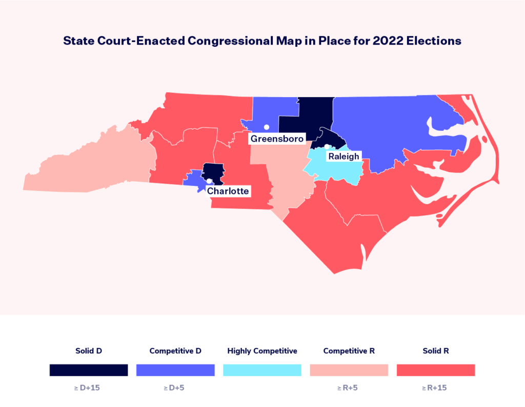 The current map of North Carolina’s congressional districts that was drawn by court-appointed special masters. The map has red and blue shading to reflect the partisan makeup of each district. 