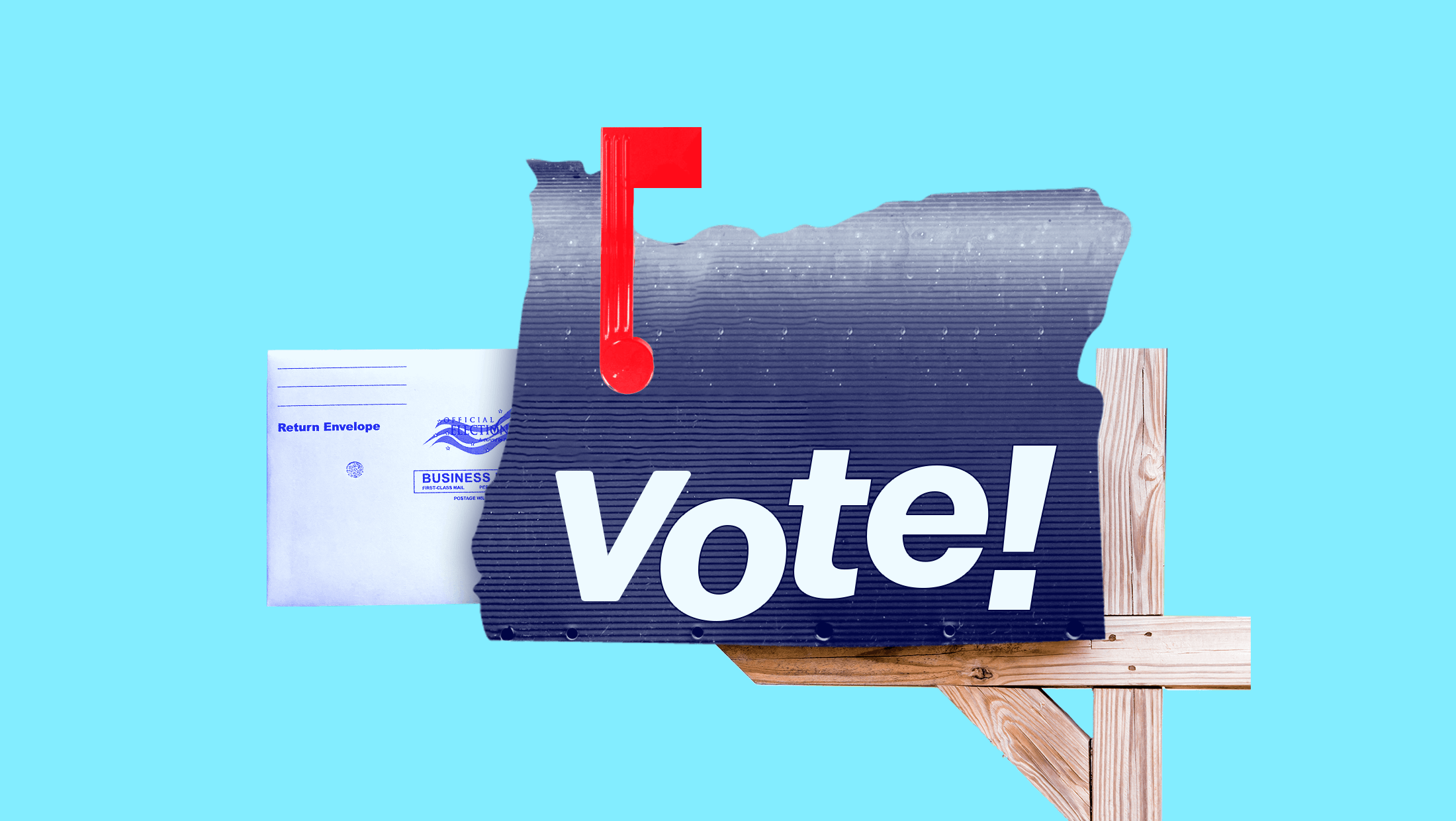 A Oregon-shaped mailbox that says "VOTE" with an absentee ballot return envelope waiting to be picked up by the USPS