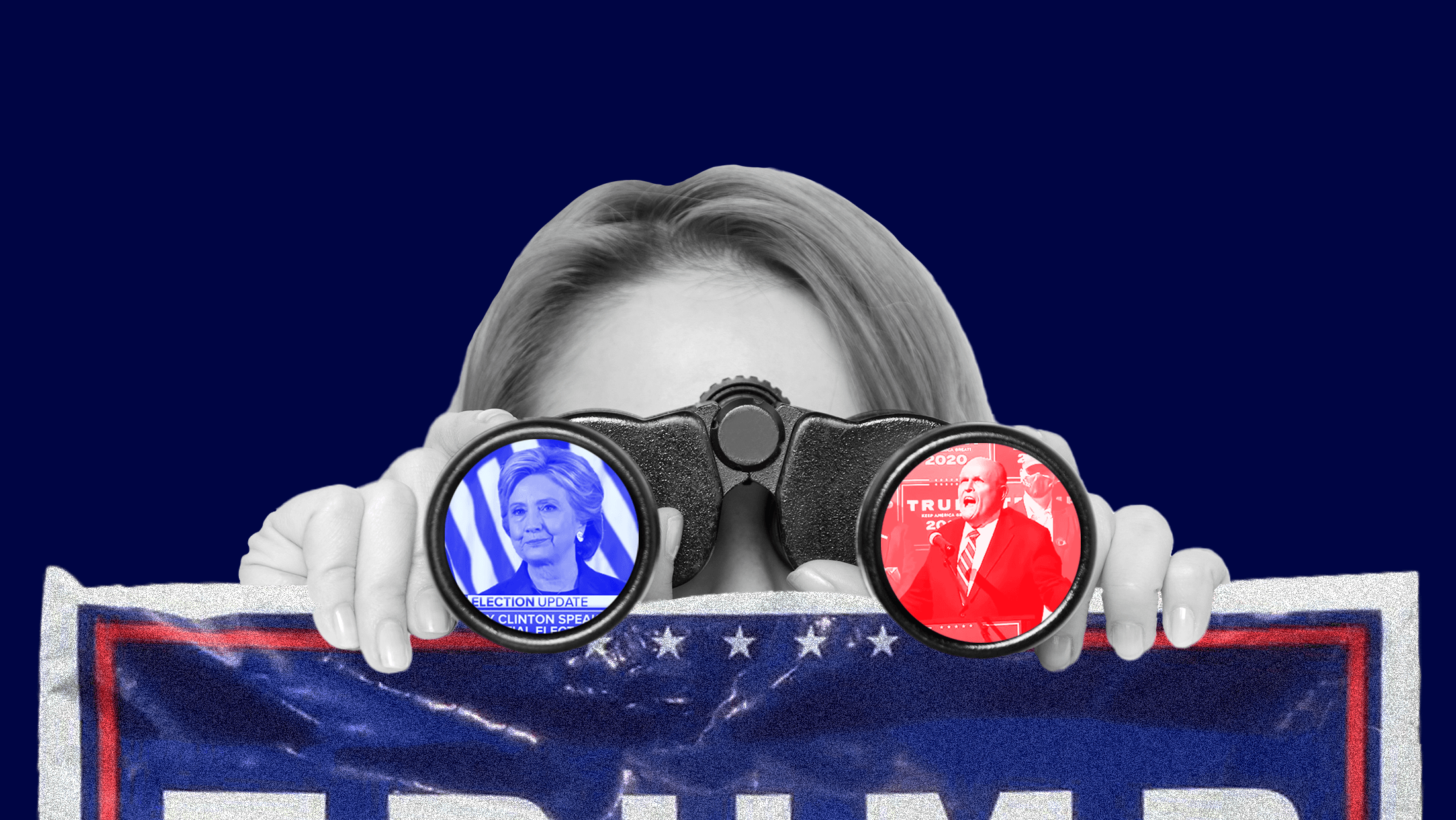 A woman peering over a Trump campaign yard soon through a pair of bincoculars that feature Hillary Clinton conceding the 2016 election in one lens and Rudy Guiliani hosting a press conference at Four Seasons Landscaping following the 2020 election in the other lens