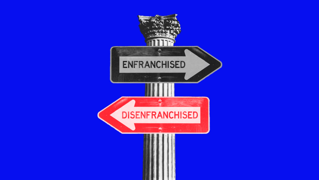 Two arrow-shaped street signs pointing in different directions that say "ENFRANCHISED" and "DISENFRANCHISED", with a pillar from the U.S Supreme Court acting as the sign post