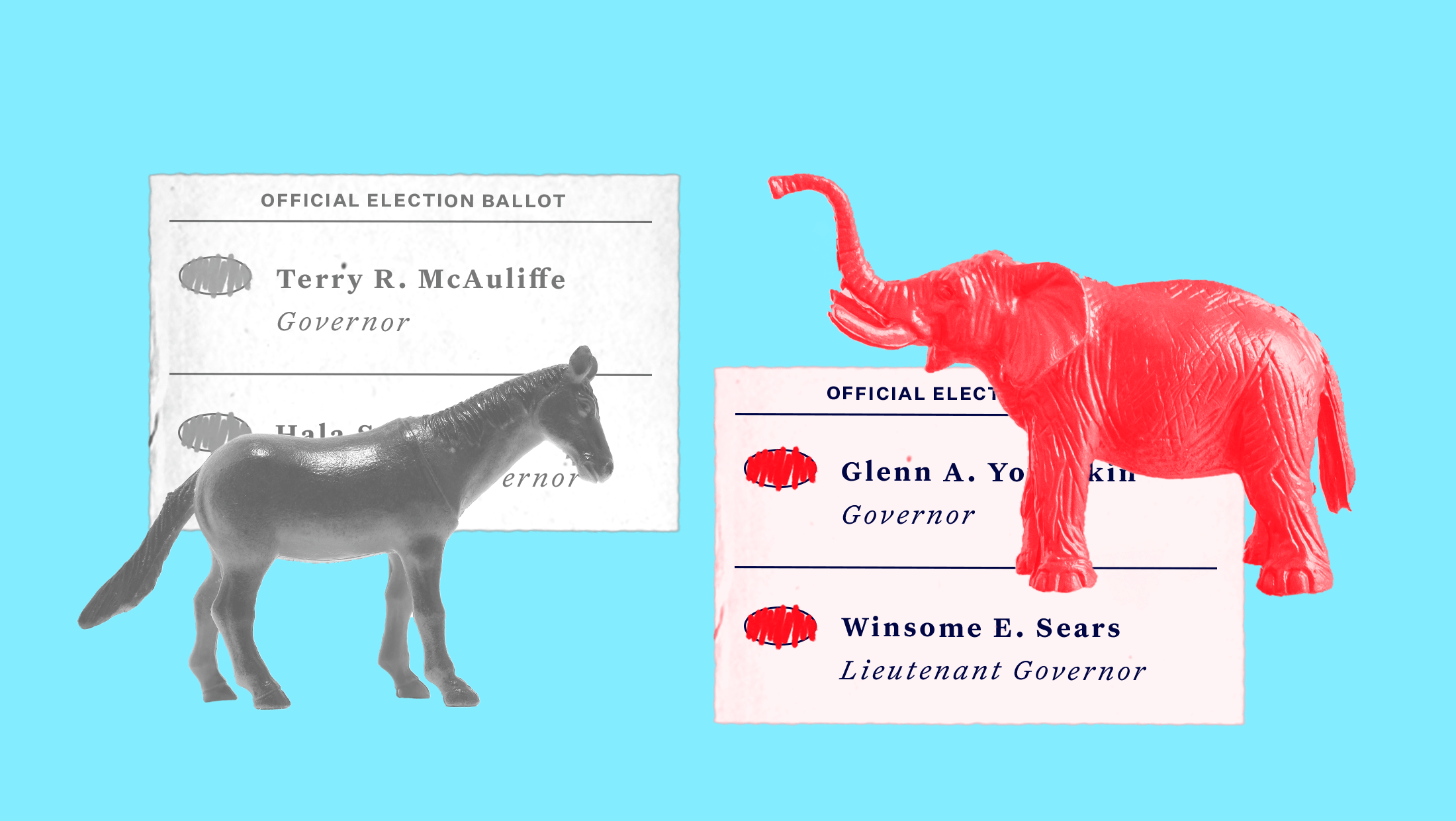 A defeated donkey accompanied by a ballot that says "OFFICIAL ELECTION BALLOT TERRY R. MCAULIFFE GOVERNOR and HALA S. AYALA LIEUTENANT GOVERNOR" and a red-tinted elephant accompanied by a ballot that says "OFFICIAL ELECTION BALLOT GLENN A. YOUNGKIN GOVERNOR and WINSOME E. SEARS LIEUTENANT GOVERNOR"