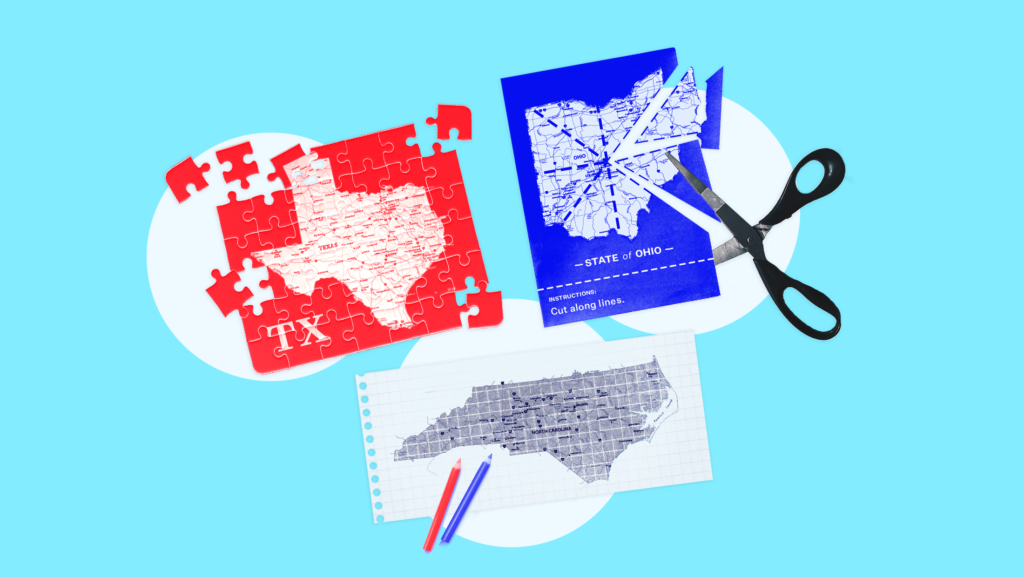 A Texas-shaped puzzle, a cut-along-the-lines worksheet with the state of Ohio being cut up into equal parts by a pair of scissors, and a piece of graph paper featuring North Carolina acompanied by red and blue colored pencils