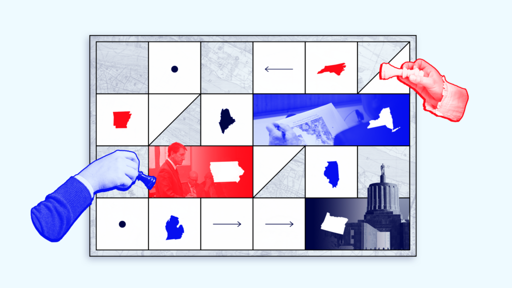 A board game composed of redistricting-themed tiles and pieces featuring Arkansas, Illinois, Iowa, Maine, Michigan, New York, North Carolina, and Oregon
