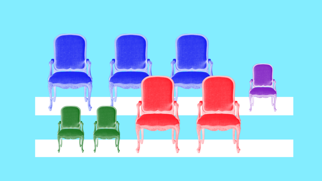 Three large, blue-tinted chairs, Three large, red-tinted chairs, two small, green-tinted chairs, and one small, purple-tinted chair