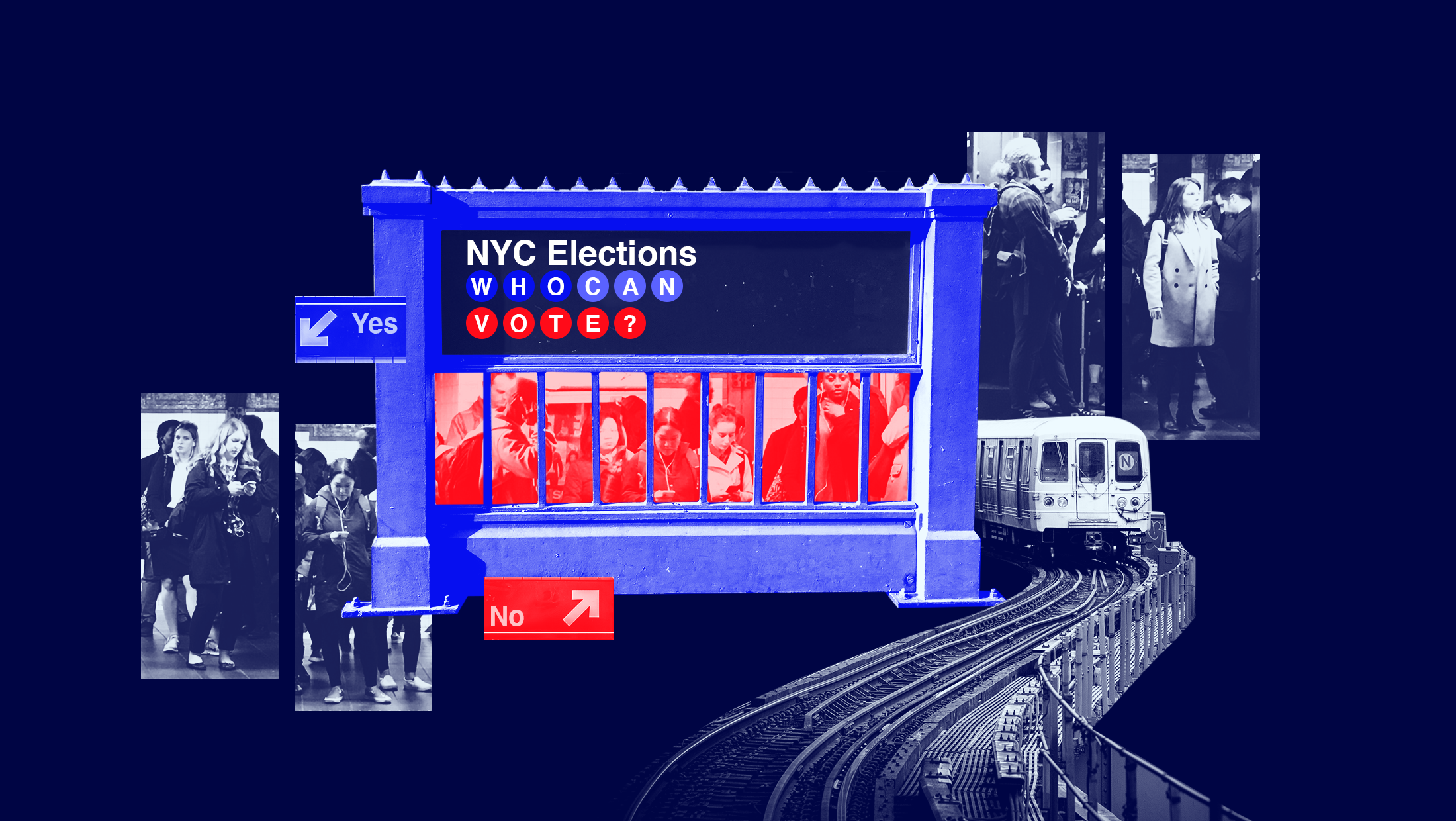 A busy NYC subway station with a sign that reads "NYC ELECTIONS WHO CAN VOTE" and two other small signs featuring up and down arrows that say "YES" and "NO"