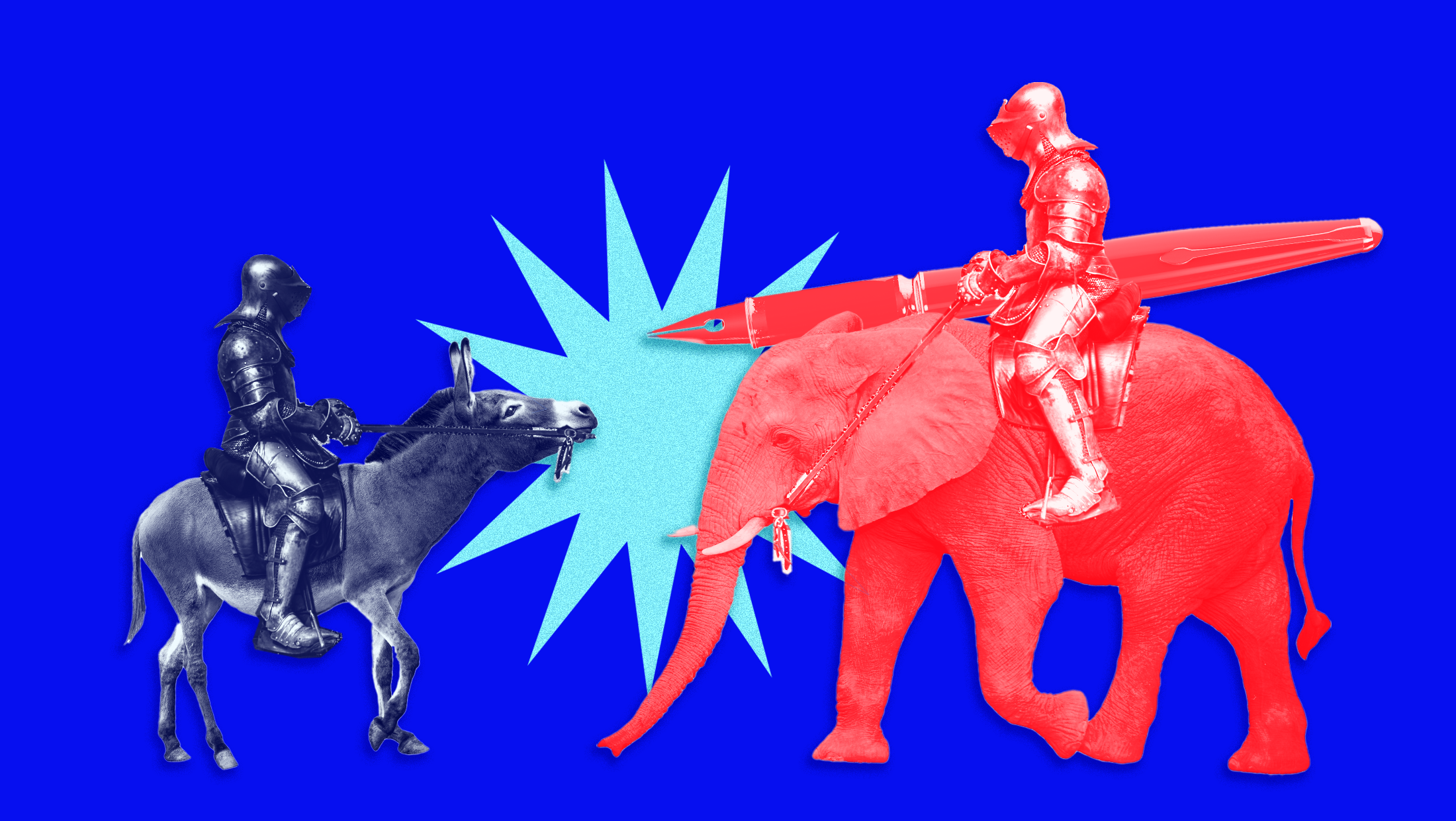 A blue-tinted knight, riding a donkey, dueling against a red-tinted knight, riding a large elephant, who is wielding a large fountain pen