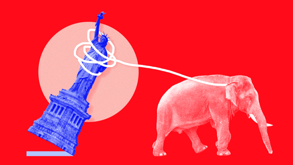 A red-tinted elelphant dragging a toppled over Statue of Liberty