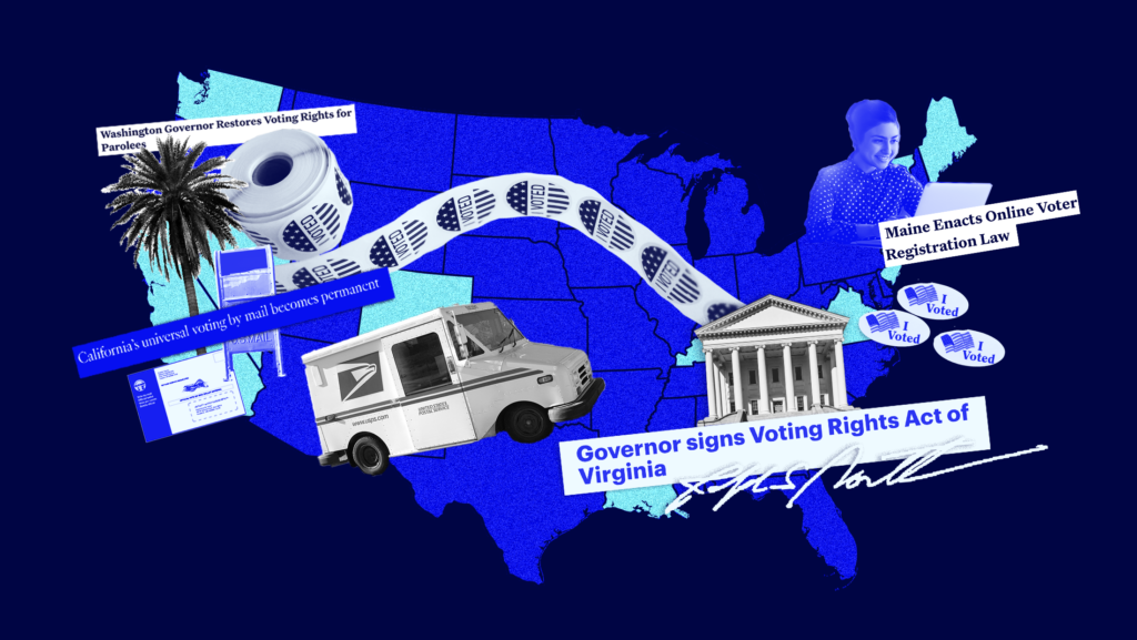 A map of the U.S. highlighting various states that have enacted pro-voting reforms including California, Colorado Connecticut, Kentucky, Louisiana, Maine, Massachusetts, Nevada, New Jersey, New York, Vermont, Virginia, and Washington and different visual elements to represent improvements to voting access such as mail ballots, USPS truck, the Virginia state house with a an article clipping that reads ""GOVERNOR SIGNS VOTING RIGHTS ACT OF VIRGINIA, someone filling out an online voter registration form, and more.