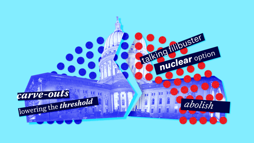 A broken U.S. Capitol, with the 50-50 vote makeup of the Senate behind it, featuring various words surrounding filibuster reform including: "carve-outs, lowering the threshold , talking filibuster, nuclear option, and abolish"