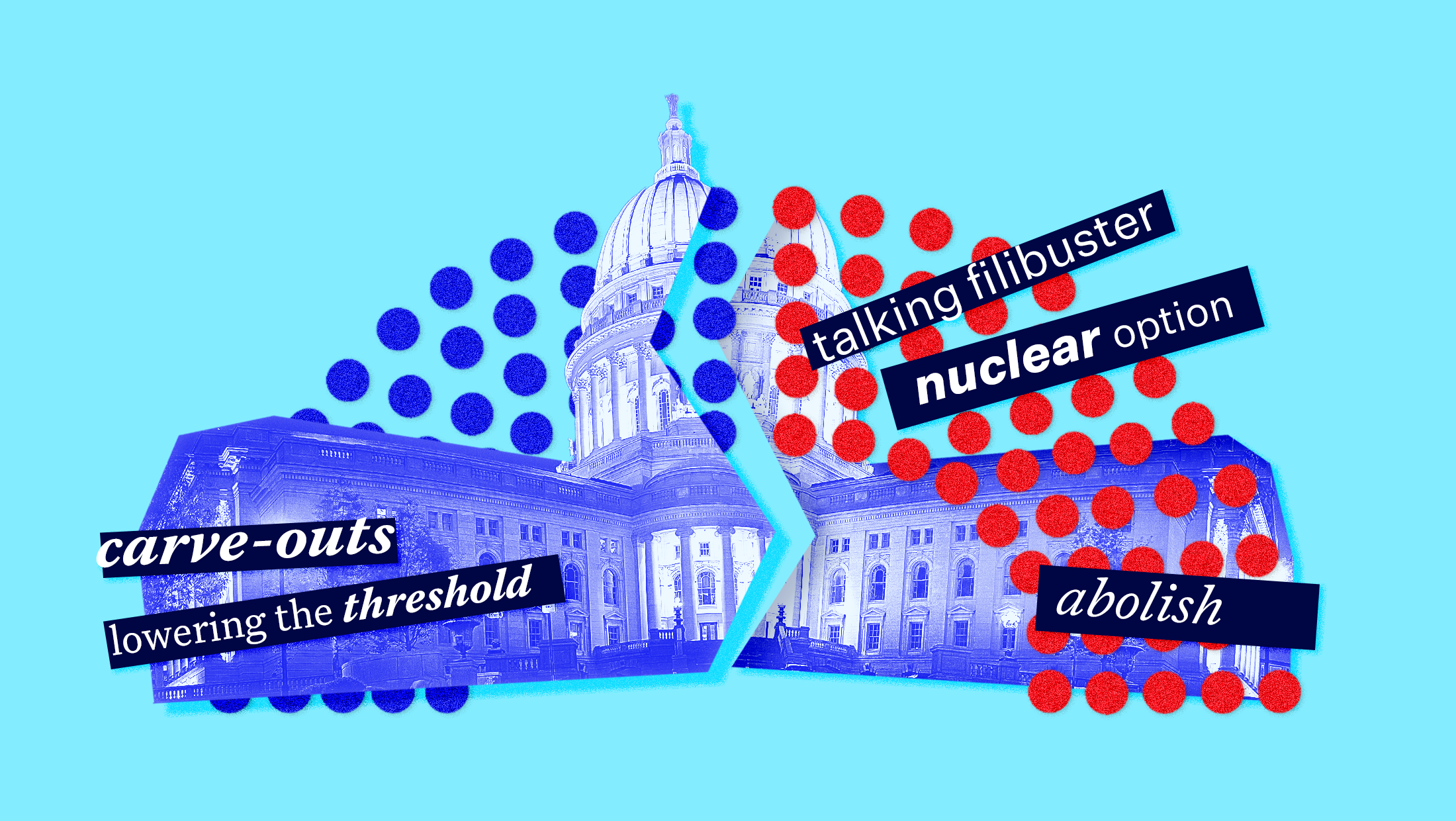 A broken U.S. Capitol, with the 50-50 vote makeup of the Senate behind it, featuring various words surrounding filibuster reform including: "carve-outs, lowering the threshold , talking filibuster, nuclear option, and abolish"