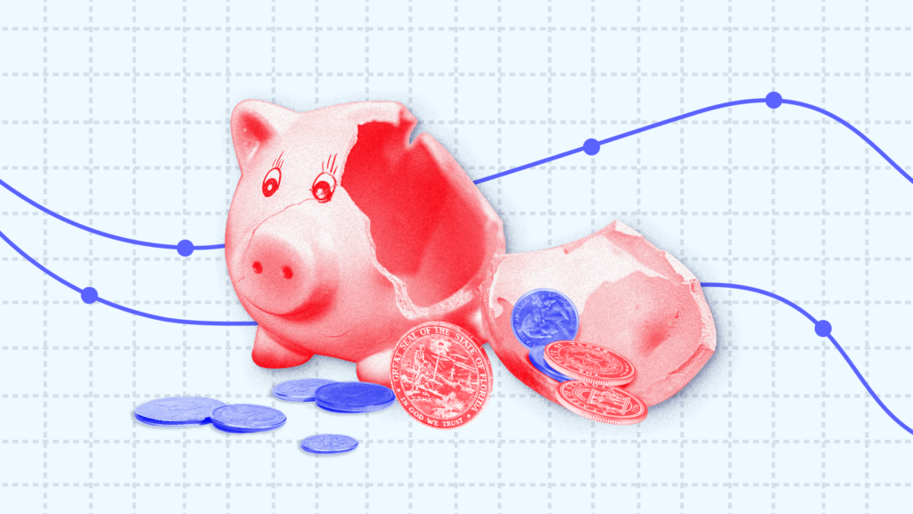 A cracked piggy bank with loose coins that have the Florida, Georgia, and Texas state seals printed on them, mounted on a piece of graph paper with various data points