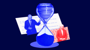 A running hourglass featuring the U.S. Capitol flipped upside down, Senate Majority Leader Chuck Schumer standing in front of the Freedom to Vote: John R. Lewis Act, and Senate Minority Leader Mitch McConnell standing in front of a bunch of red x’s