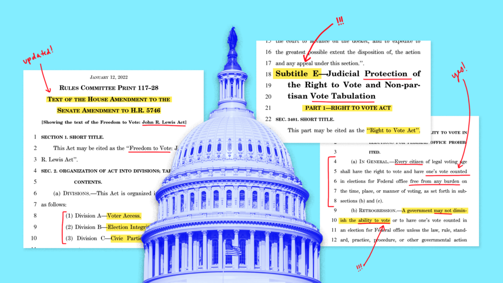 A U.S. Capitol surrounded by various annotated pages from the new the Freedom to Vote: John R. Lewis Act