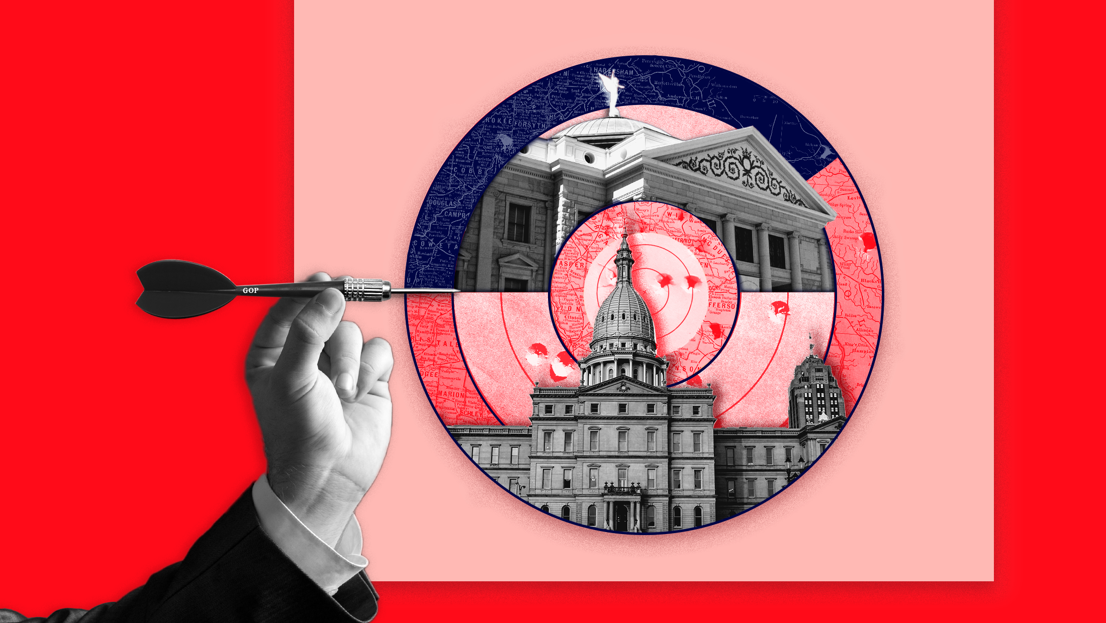 A Republican lawmaker's hand aiming a dart at a target that features the Michigan and Arizona state legislatures