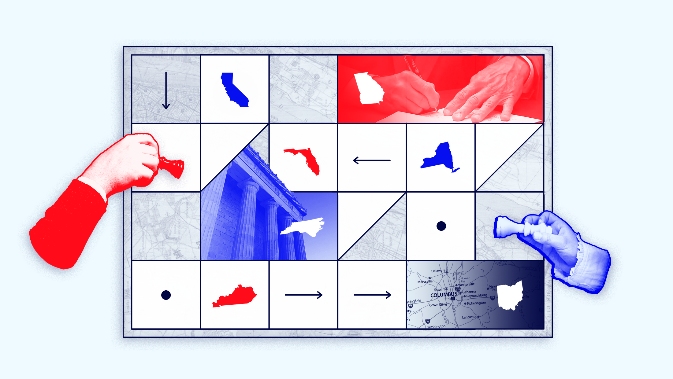 A board game composed of redistricting-themed tiles and pieces featuring California, Florida, Georgia, Kentucky, New York, North Carolina, and Ohio