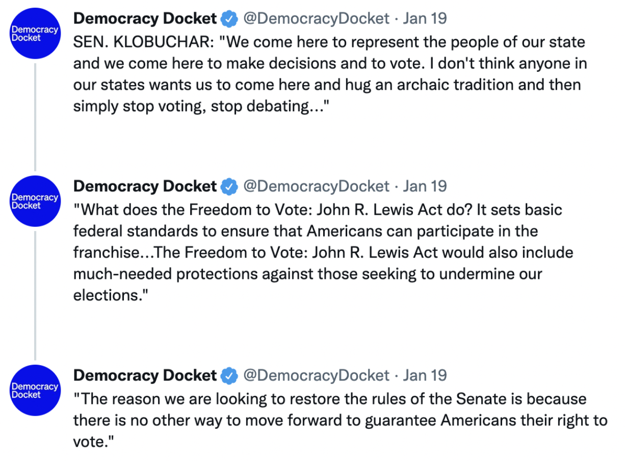 Screenshot of a tweet citing a quote by Sen. Klobuchar: "We come here to represent the people of our state and we come here to make decisions and to vote..."