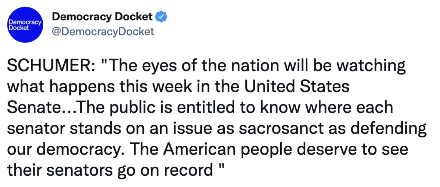 Screenshot of a tweet citing a quote by Sen. Schumer: "The eyes of the nation will be watching what happens this week in the United States Senate..."