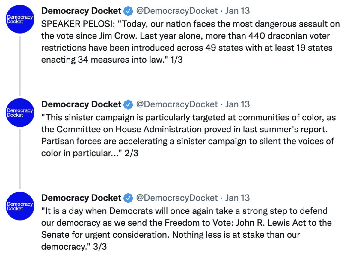 Screenshot of a tweet citing a quote by Speaker Pelosi: "Today, our nation faces the most dangerous assault on the vote since Jim Crow..."