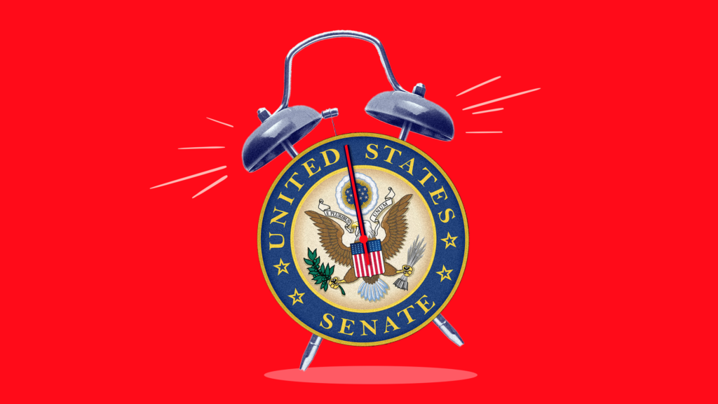 A ringing alarm clock featuring the U.S. Senate Seal