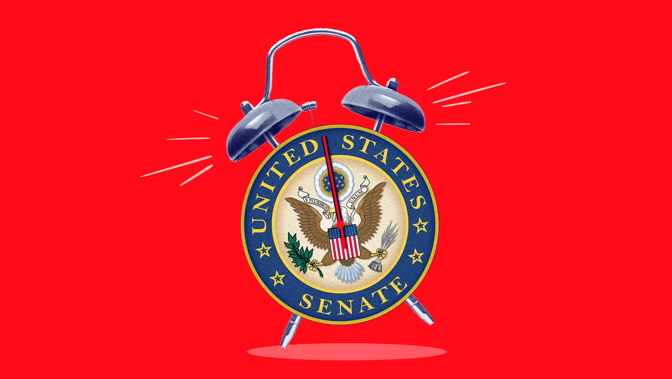 A ringing alarm clock featuring the U.S. Senate Seal