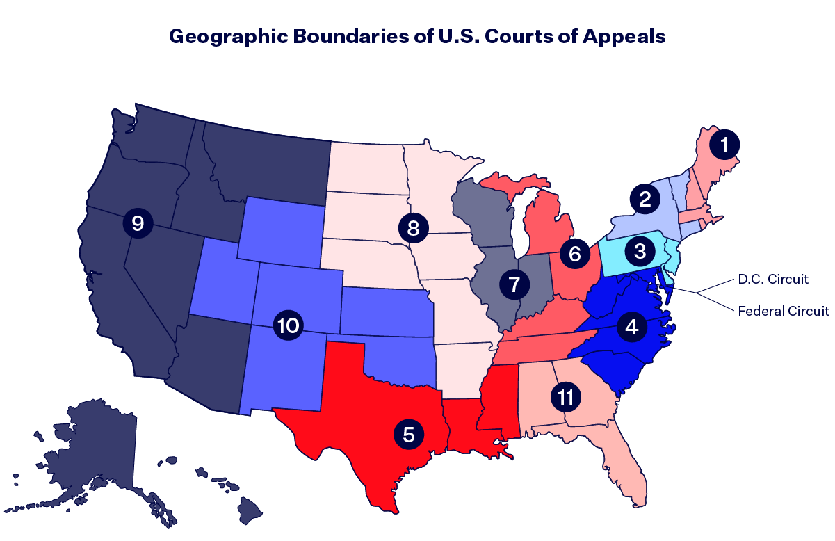 Map of the United States titled "Geographic Boundaries of U.S. Courts of Appeals" with different colors for each geographic circuit.