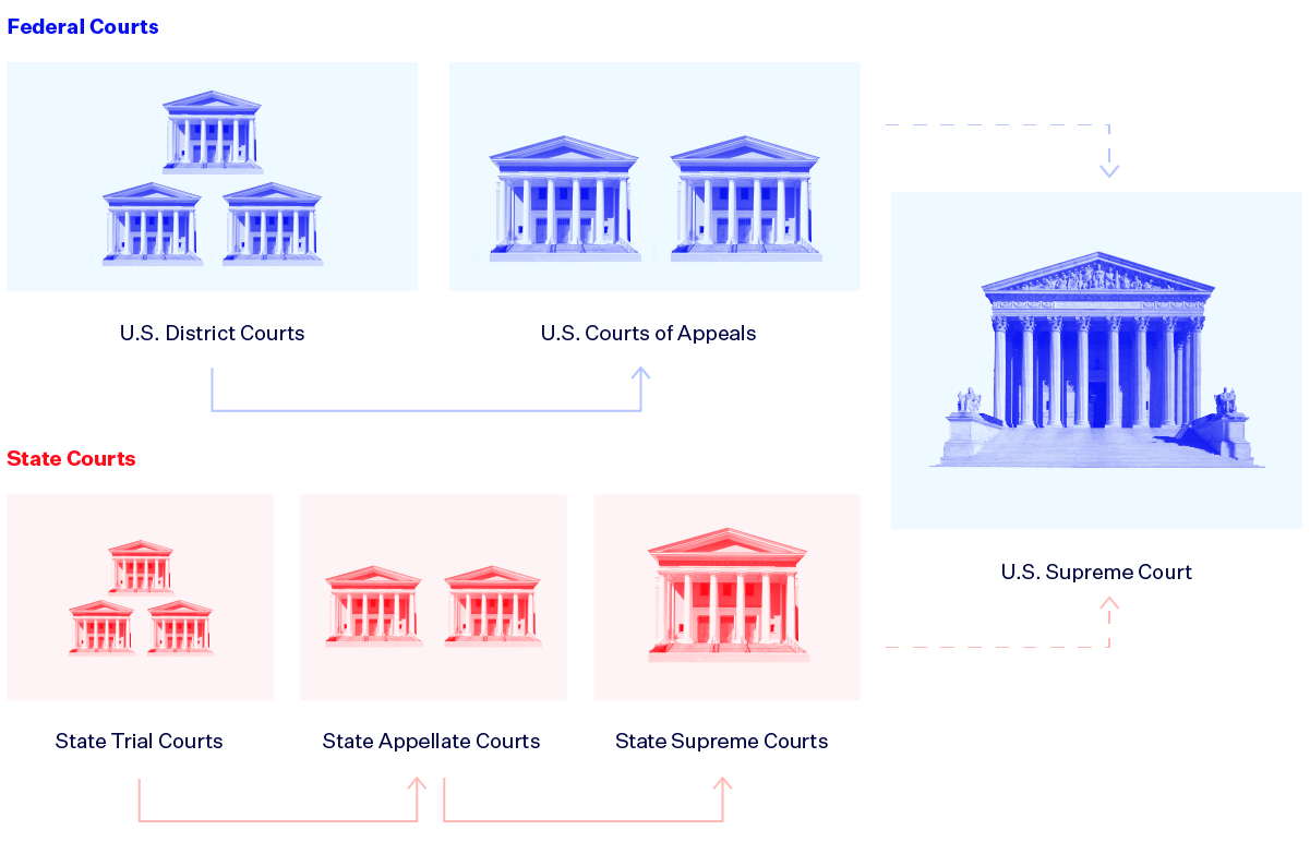 Federal Courts flowchart (blue-tinted) has arrows from U.S. District Courts to U.S. Courts of Appeals to the U.S. Supreme Court. Below, the State Courts flowchart (red-tinted) has arrows from State Trial Courts to State Appellate Courts to State Supreme Courts to U.S. Supreme Court.