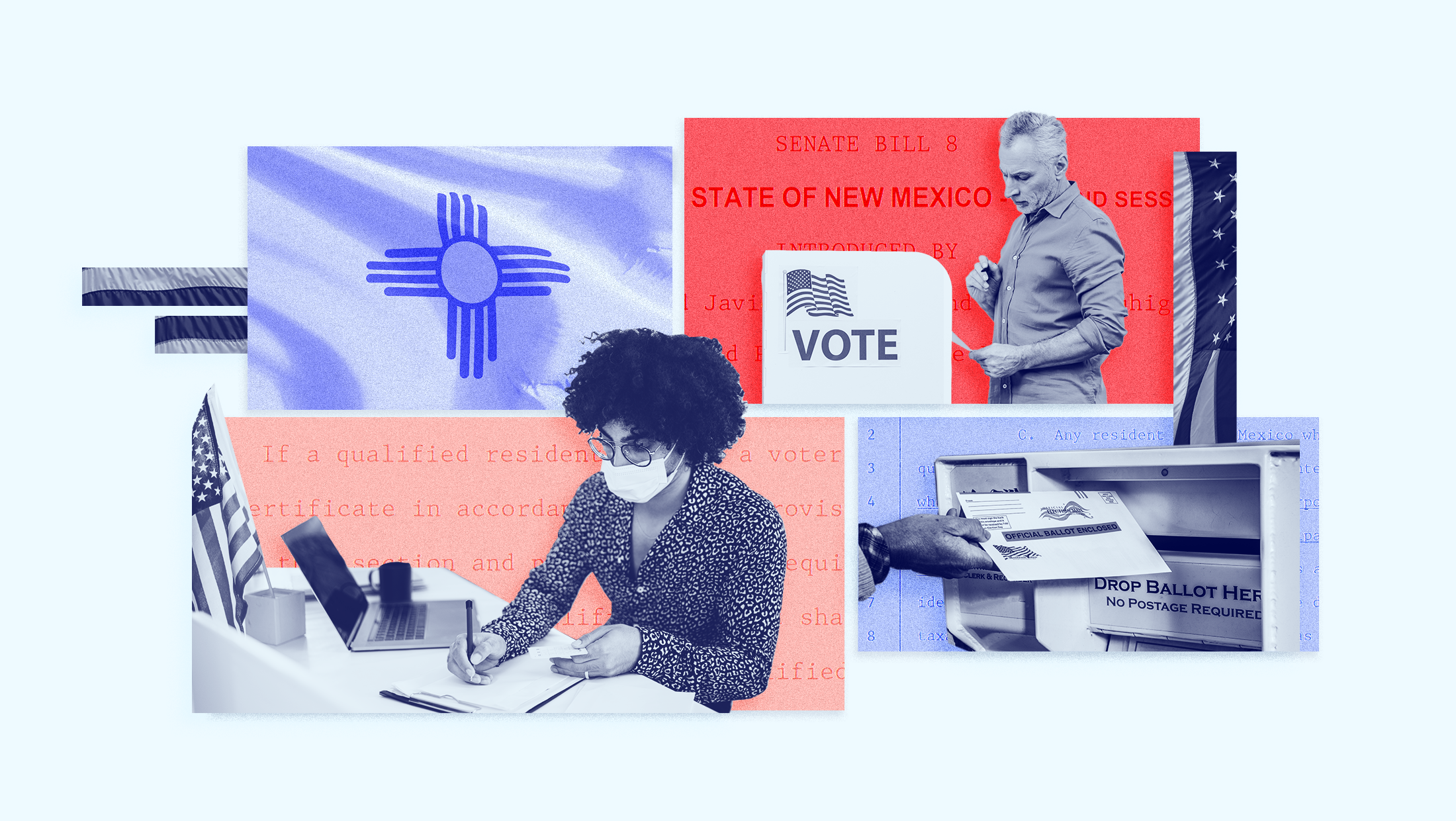 Four panels of images sit on top of a solid blue background. on the top left, the New Mexico state flag. Next to it on the right, a man putting a ballot into a drop box. On the bottom left, a woman writes at a desk with pen and paper. On the bottom right, a closeup shows a hand putting a ballot into a dropbox.