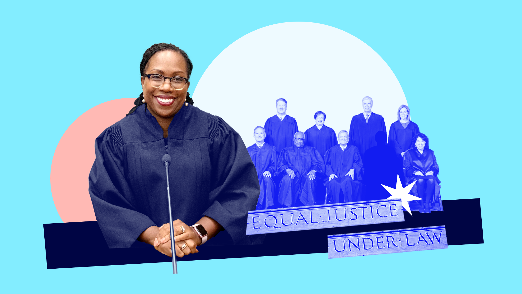 Photo of Ketanji Brown Jackson in front of a photo of the current nine Supreme Court justices, with Justice Breyer's spot open and the words "Equal Justice Under Law"
