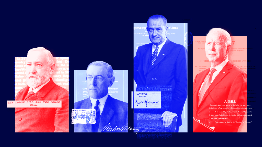From left to right: portraits of red-tinted Benjamin Harrison with the text "THE LODGE BILL AND THE FORCE BILL," blue-tinted Woodrow Wilson in front of the 19th Amendment with a stamp that reads "WOMAN SUFFRAGE" with his signature, blue-tinted Lyndon Johnson in front of 1965 Voting Rights Act with his signature and red-tinted Joe Biden in front of the Freedom to Vote Act.