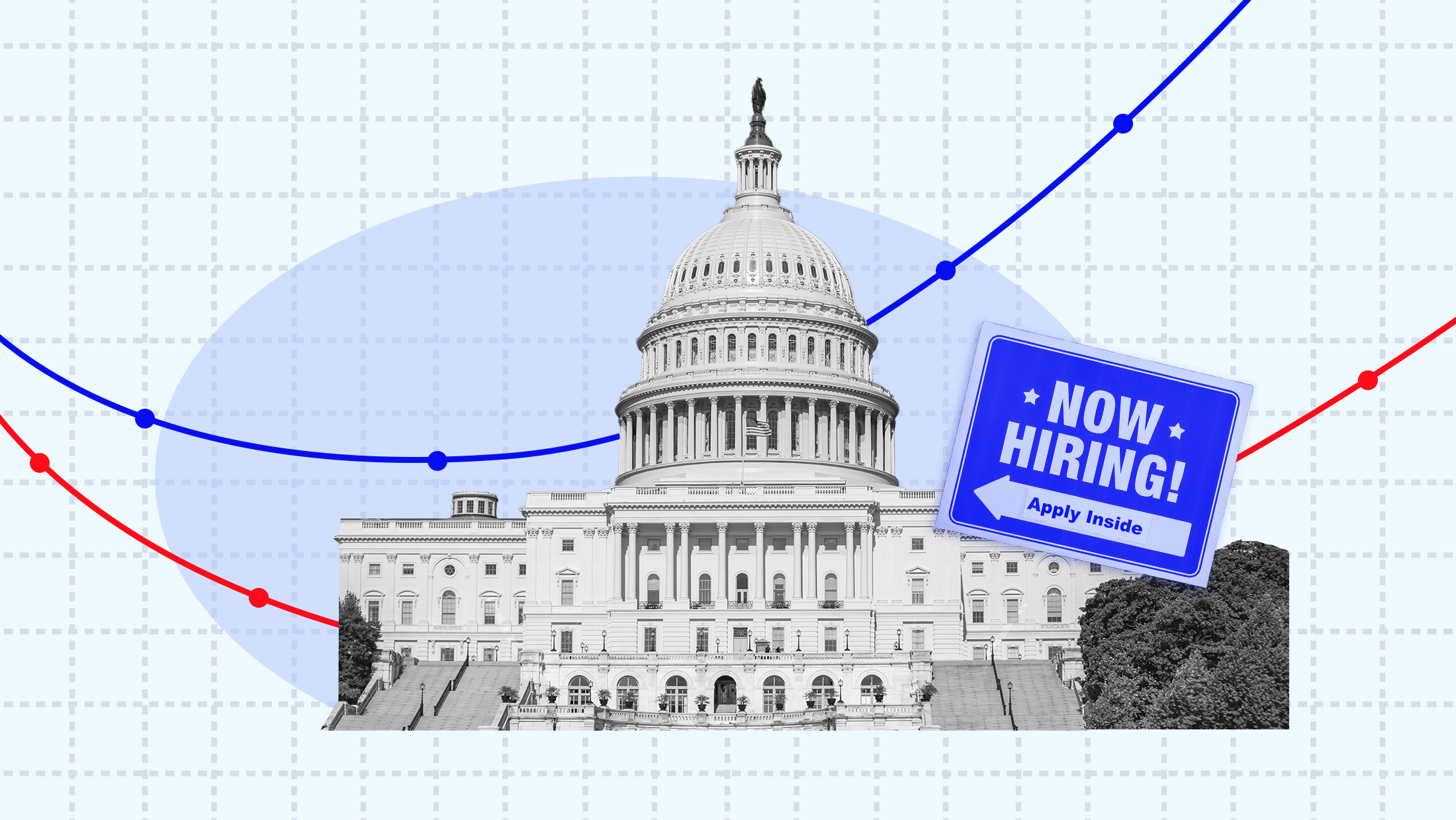 The Capitol Building with a Now Hiring sign mounted on graph paper with rising trend lines.
