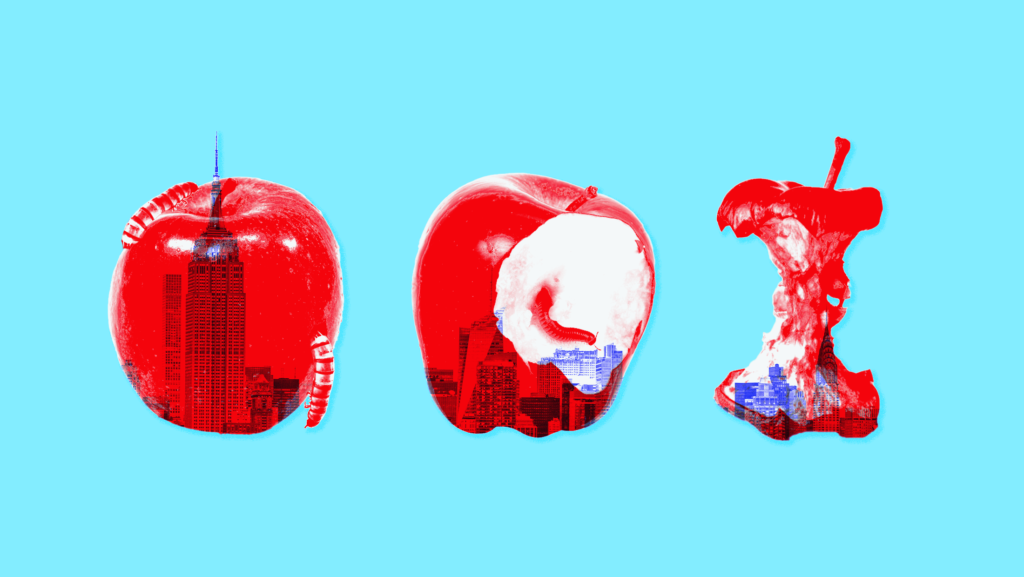 A three-image progression showing the process of an apple rotting, with the New York City skyline within the apple.