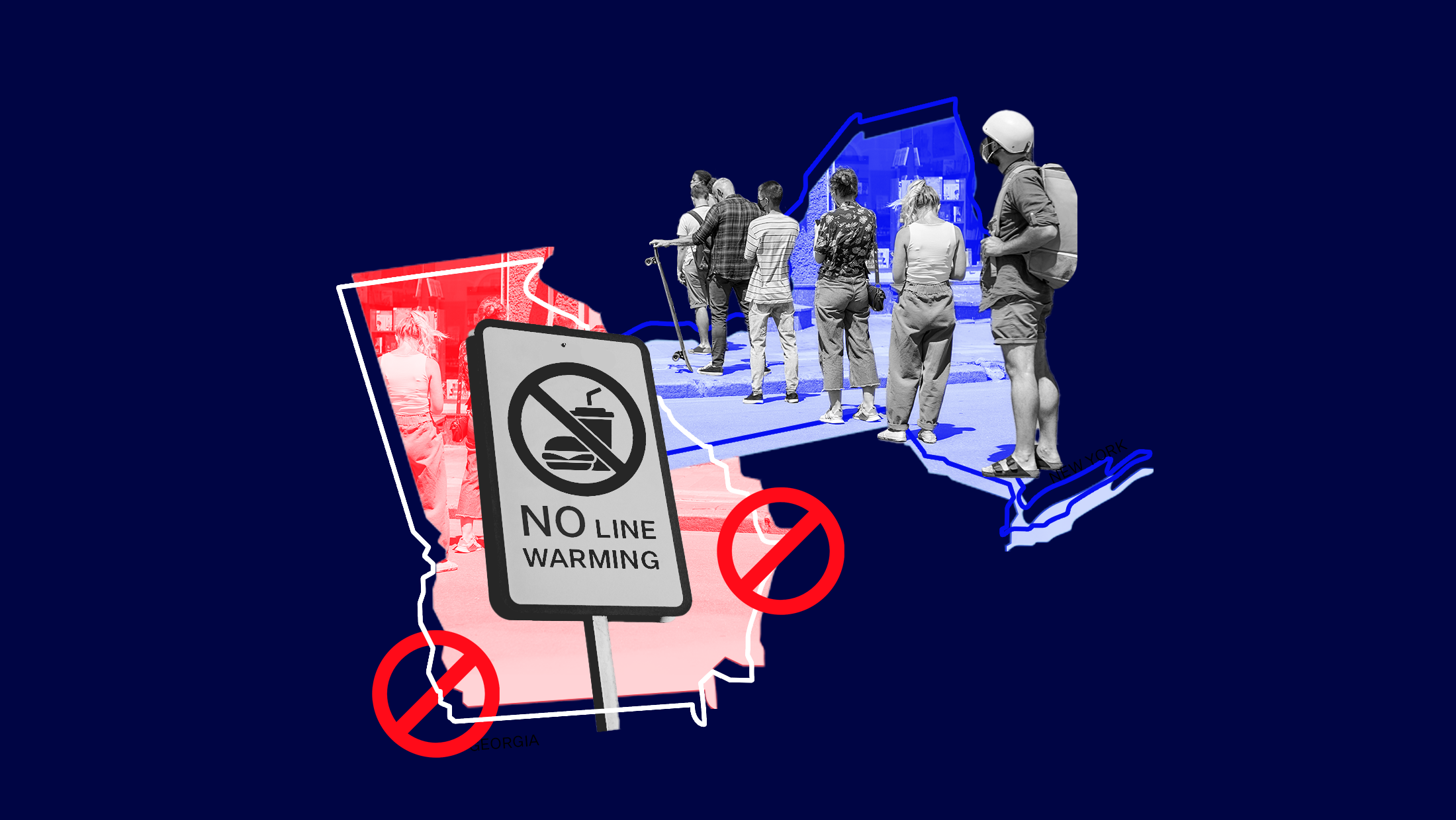 The state of Georgia with a sign that reads, "NO LINE WARMING" overlayed across the state of New York that shows voters waiting in long lines