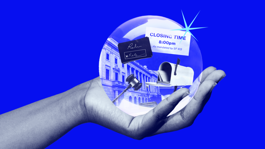 A hand holding a crystal ball revealing a courthouse, gavel, mailbox, signature and poll sign that reads "CLOSING TIME 8:00 pm"